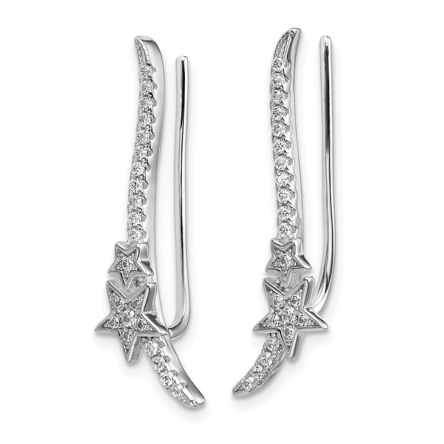 Sterling Silver Rhodium-Plated Cz Curved Line & Stars Ear Climber Earrings