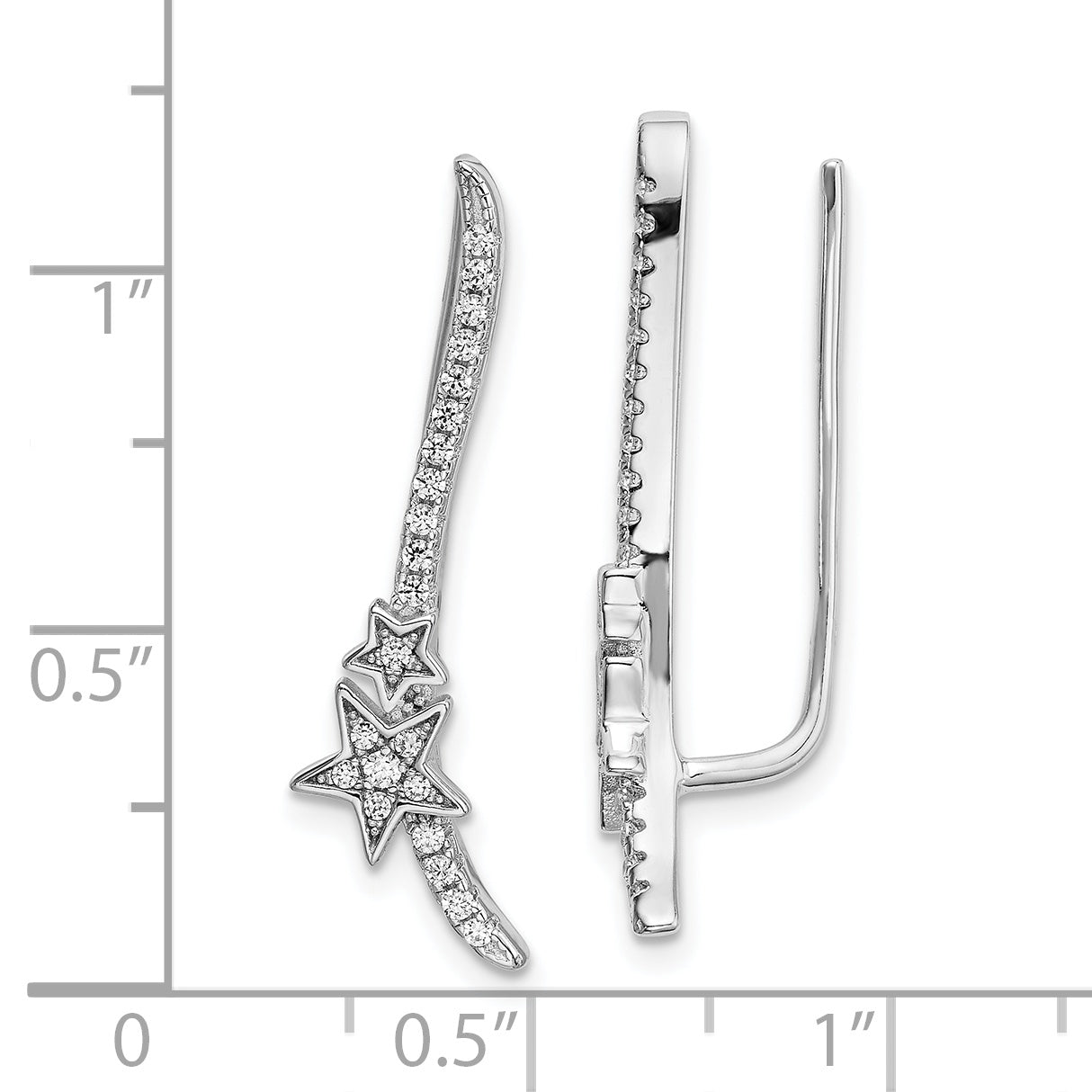 Sterling Silver Rhodium-Plated Cz Curved Line & Stars Ear Climber Earrings