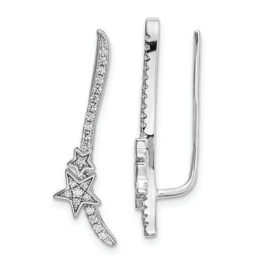 Sterling Silver Rhodium-Plated Cz Curved Line & Stars Ear Climber Earrings