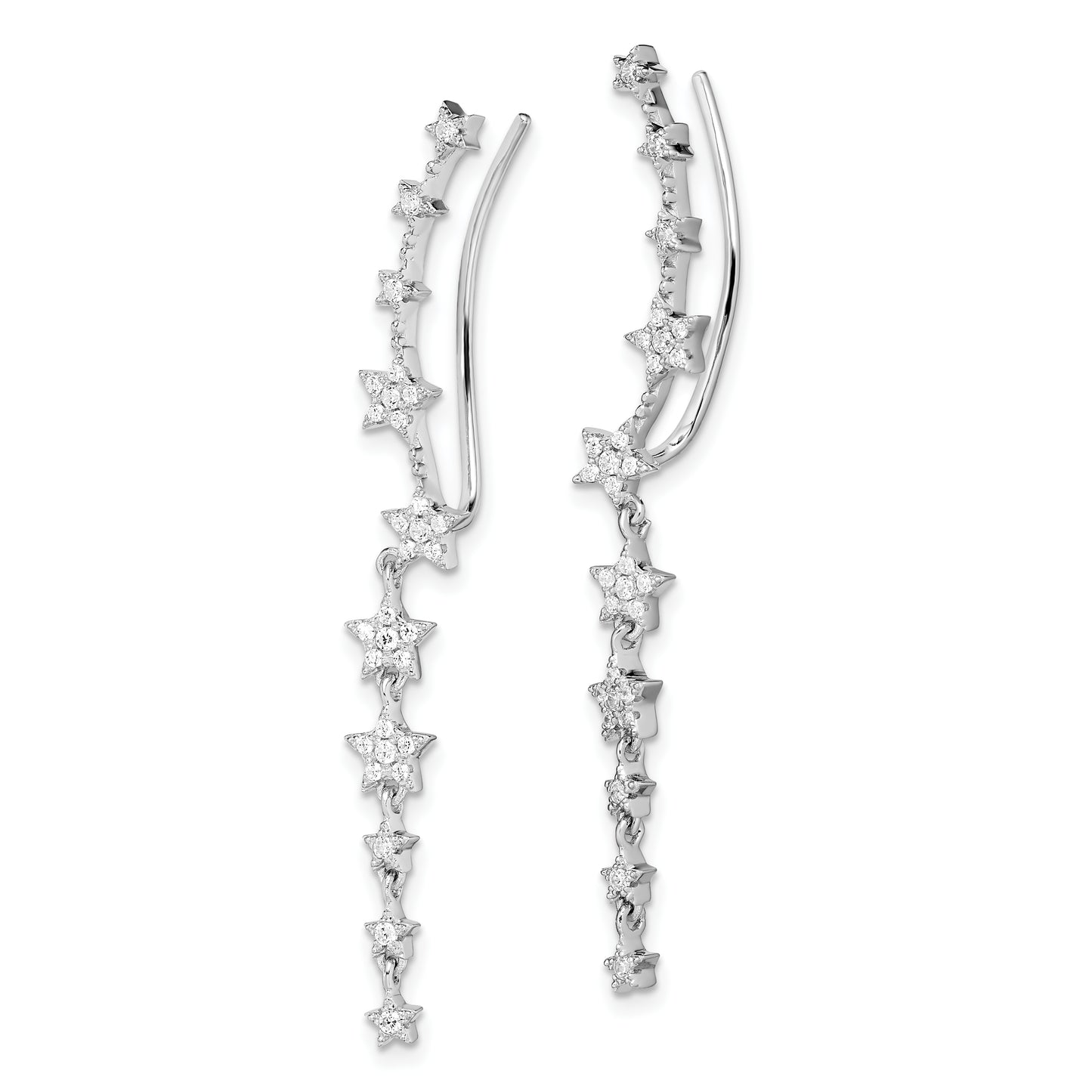 Sterling Silver Rhodium-Plated Cz Stars Ear Climber Earrings