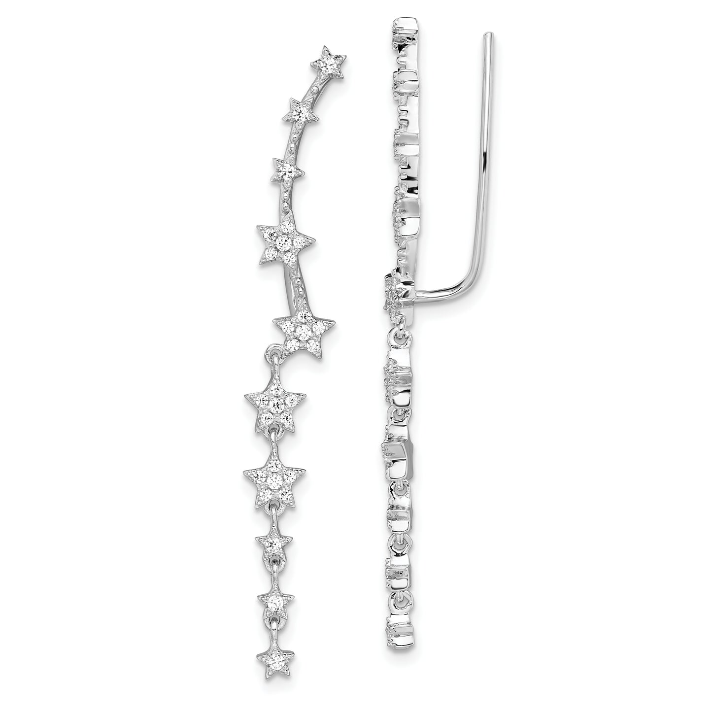 Sterling Silver Rhodium-Plated Cz Stars Ear Climber Earrings