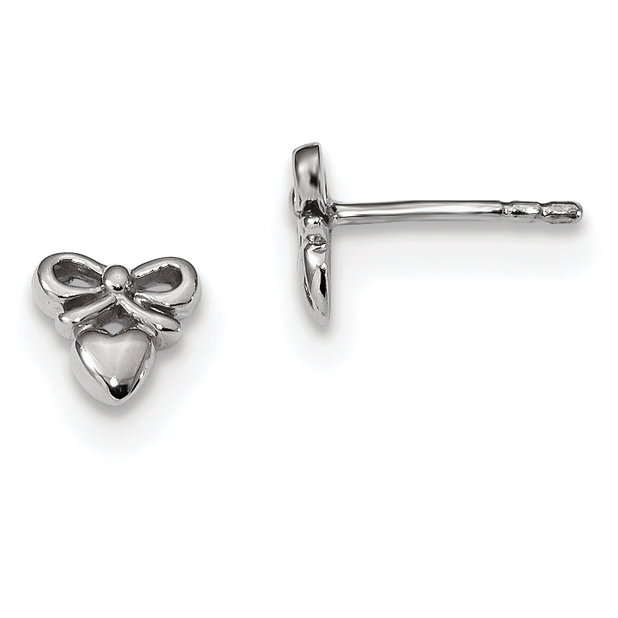 Sterling Silver Rhodium-Plated Polished Heart W/Bow Post Earrings