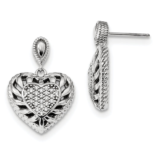 Sterling Silver Rhodium-Plated Polished Cz Heart Dangle Post Earrings