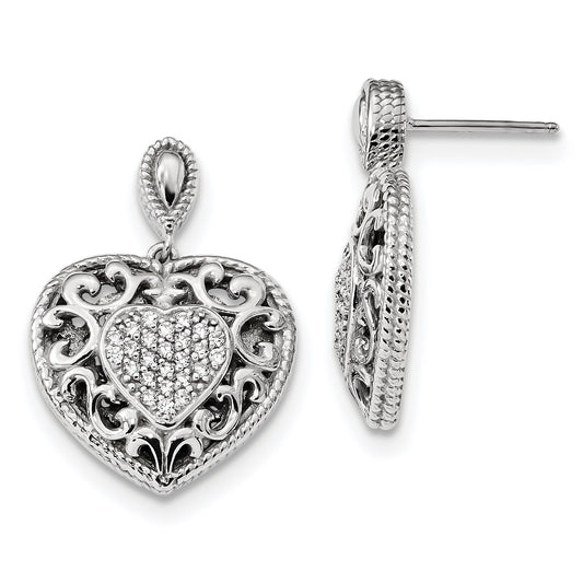 Sterling Silver Rhodium-Plated Cz Heart Dangle Post Earrings