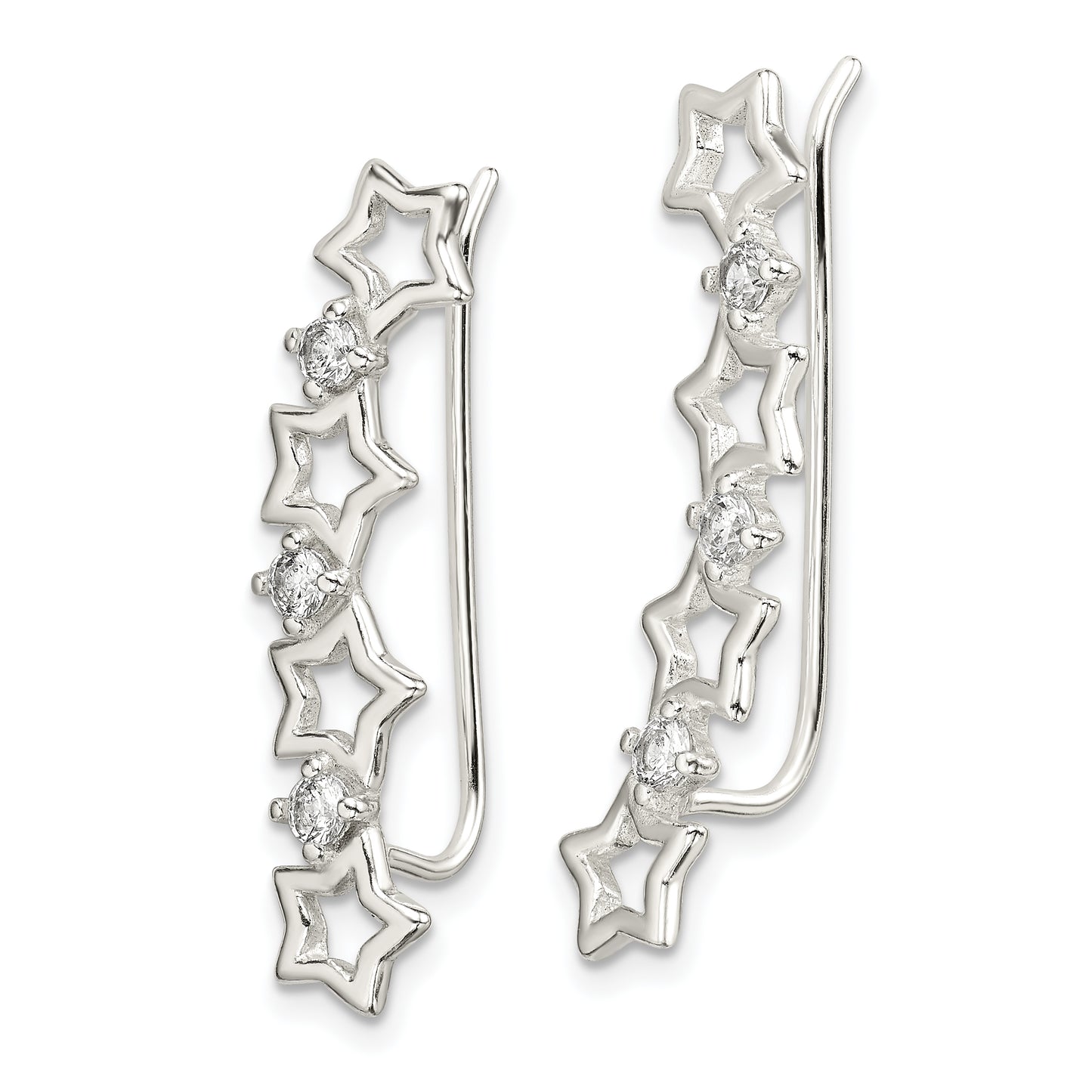 Sterling Silver Polished Cz Stars Ear Climber Earrings