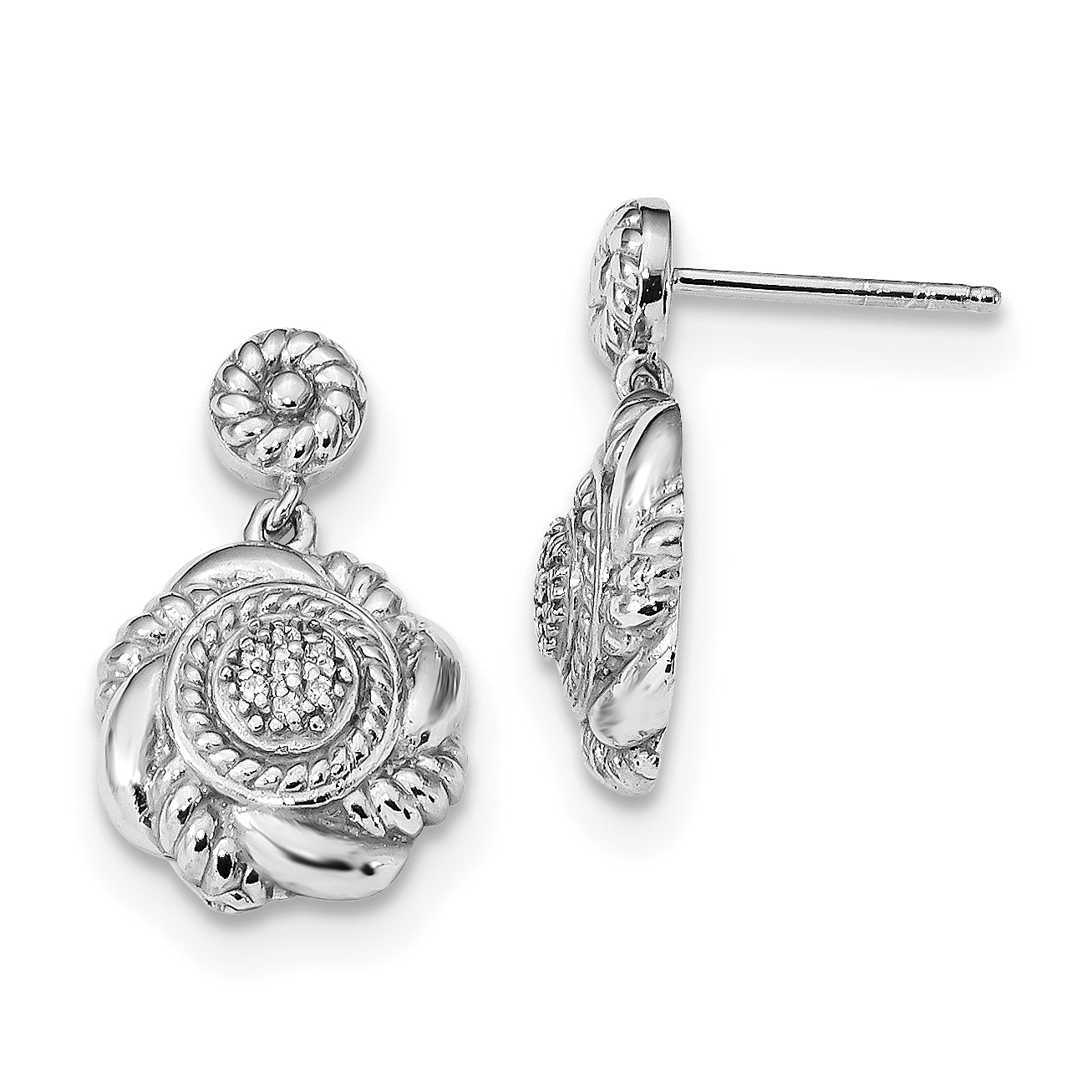 Sterling Silver Rhodium-Plated Fancy Cz Circle Dangle Post Earrings