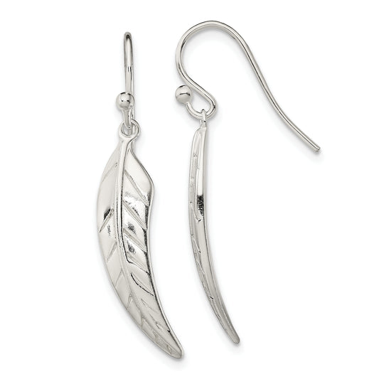 Sterling Silver Polished Leaf Dangle Shepherd Hook Earrings