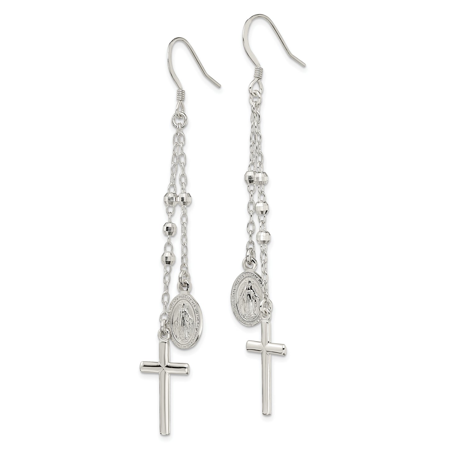 Sterling Silver Polished Miraculous Medal & Latin Cross Beaded Multi-Strand Dangle Earrings