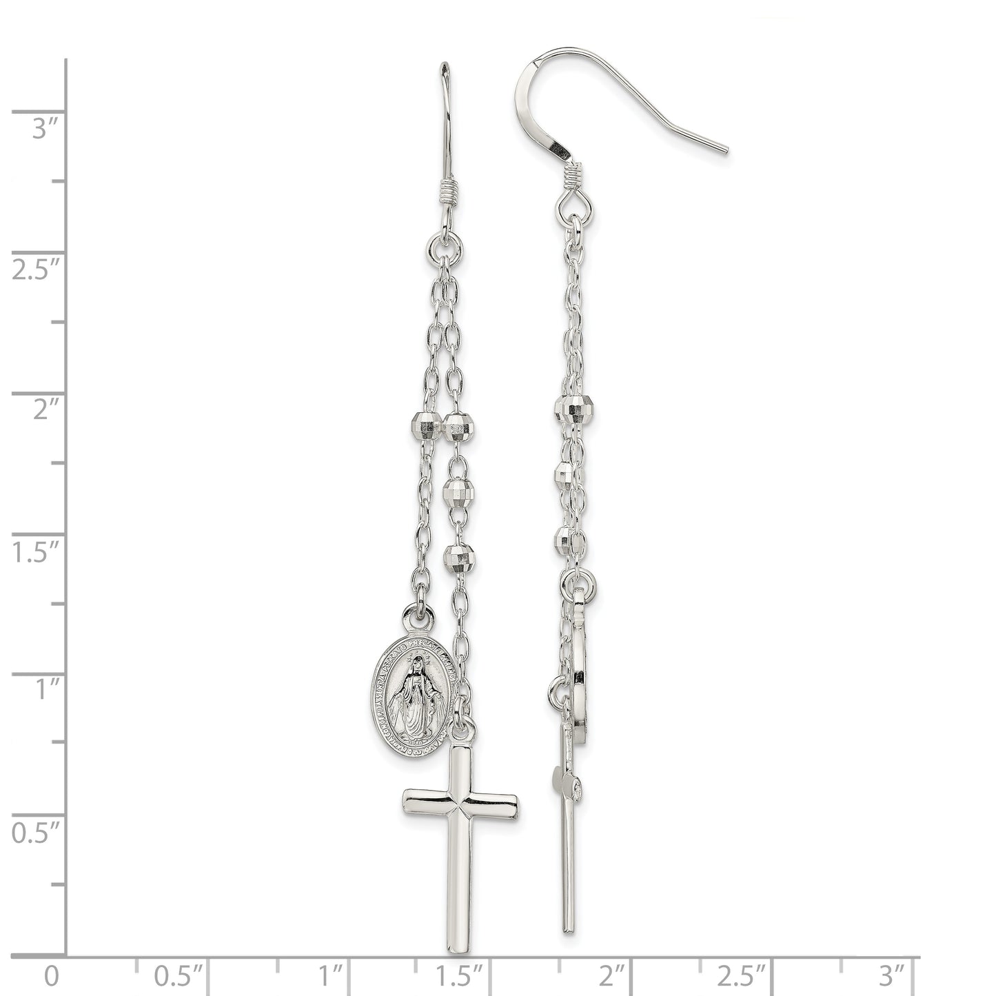 Sterling Silver Polished Miraculous Medal & Latin Cross Beaded Multi-Strand Dangle Earrings