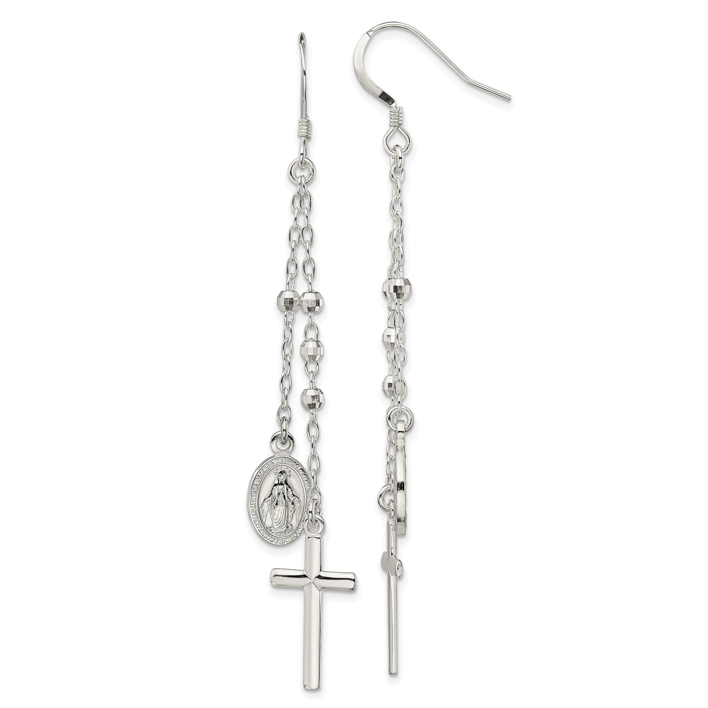 Sterling Silver Polished Miraculous Medal & Latin Cross Beaded Multi-Strand Dangle Earrings