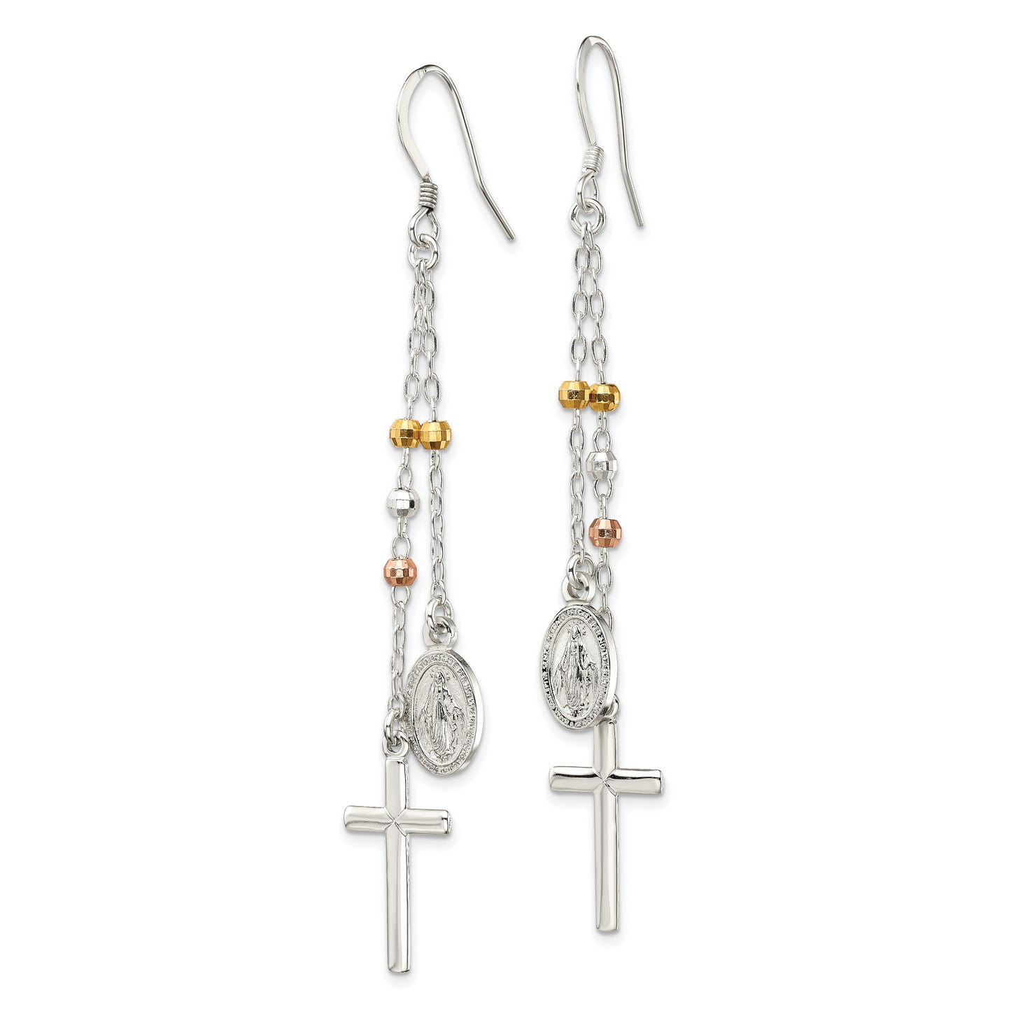 Sterling Silver W/ Gold-Tone & Rose-Tone Polished Miraculous Medal Latin Cross Beaded Multi-Strand Dangle Earrings