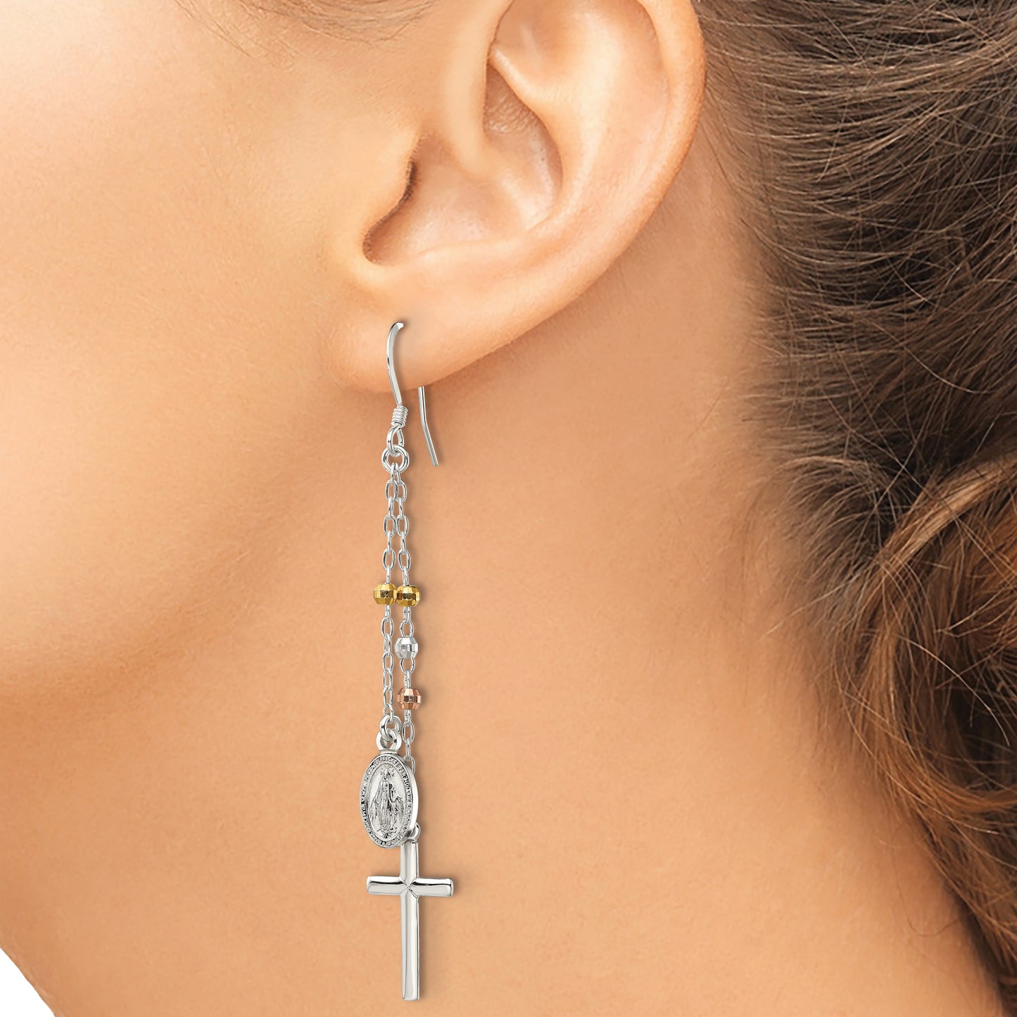 Sterling Silver W/ Gold-Tone & Rose-Tone Polished Miraculous Medal Latin Cross Beaded Multi-Strand Dangle Earrings