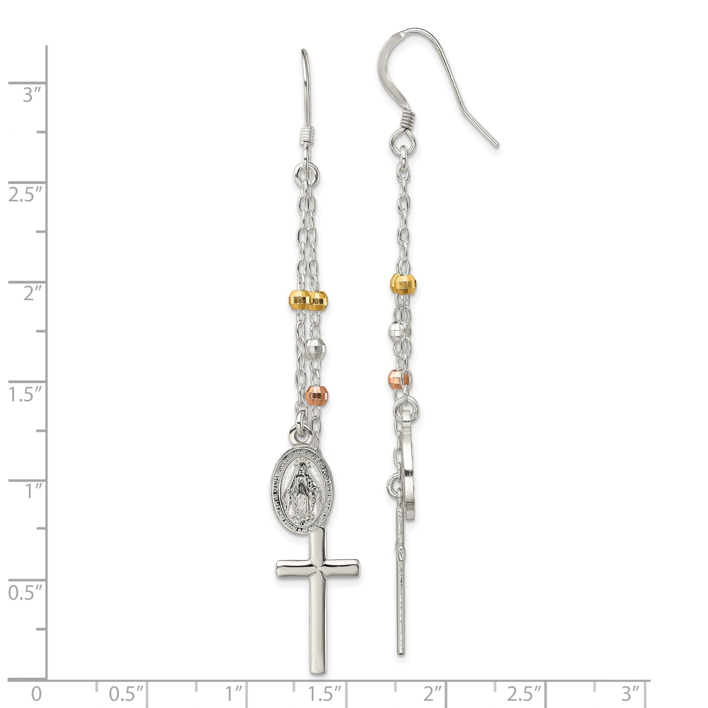 Sterling Silver W/ Gold-Tone & Rose-Tone Polished Miraculous Medal Latin Cross Beaded Multi-Strand Dangle Earrings