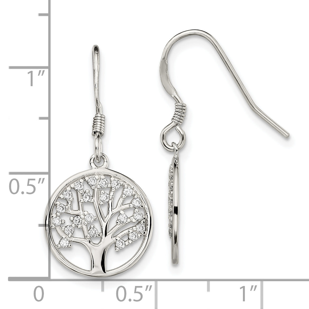 Sterling Silver Rhod-Pltd Cz Tree Of Life Dangle Shepherd Hook Earrings