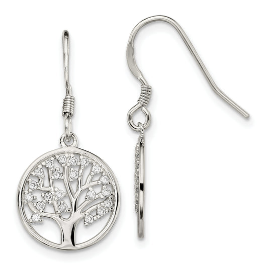 Sterling Silver Rhod-Pltd Cz Tree Of Life Dangle Shepherd Hook Earrings