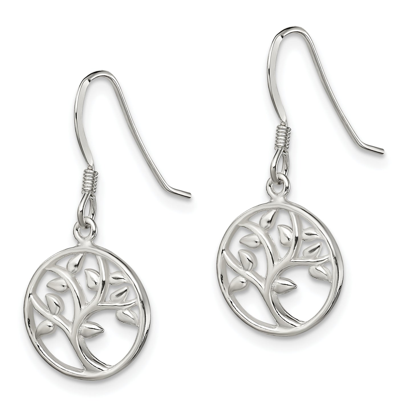 Sterling Silver Polished Tree Dangle Shepherd Hook Earrings