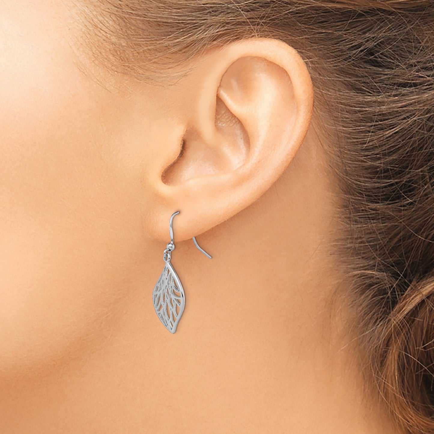 Sterling Silver Rhodium-Plated Leaf Polished Dangle Earrings