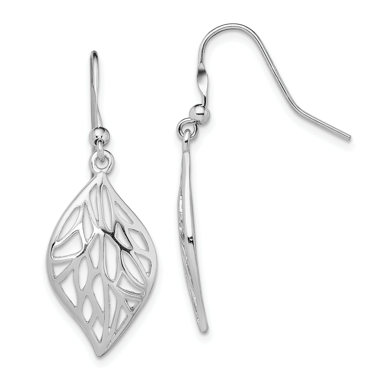 Sterling Silver Rhodium-Plated Leaf Polished Dangle Earrings