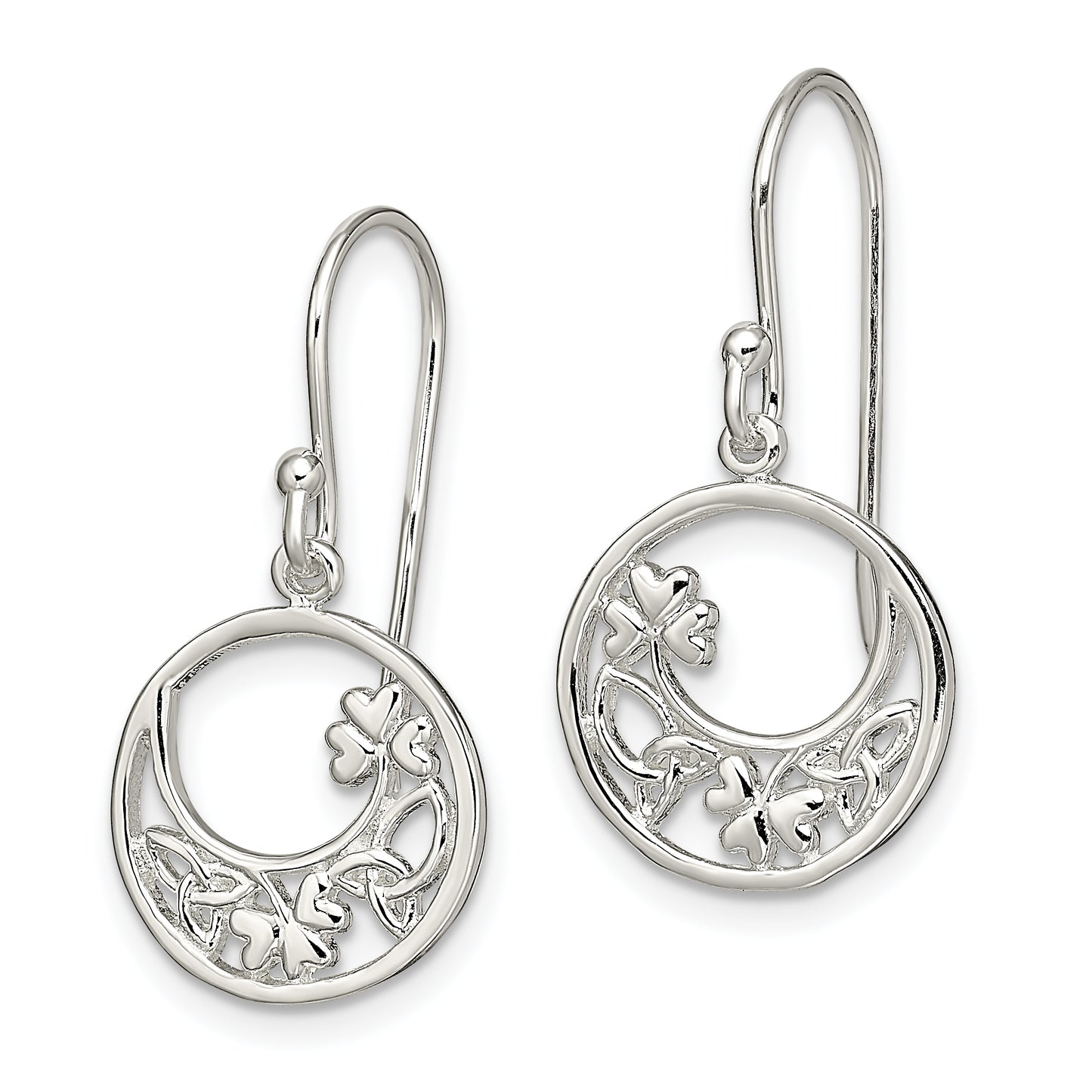 Sterling Silver Rhodium-Plated Circle Clover/Celtic Knot Dangle Earrings