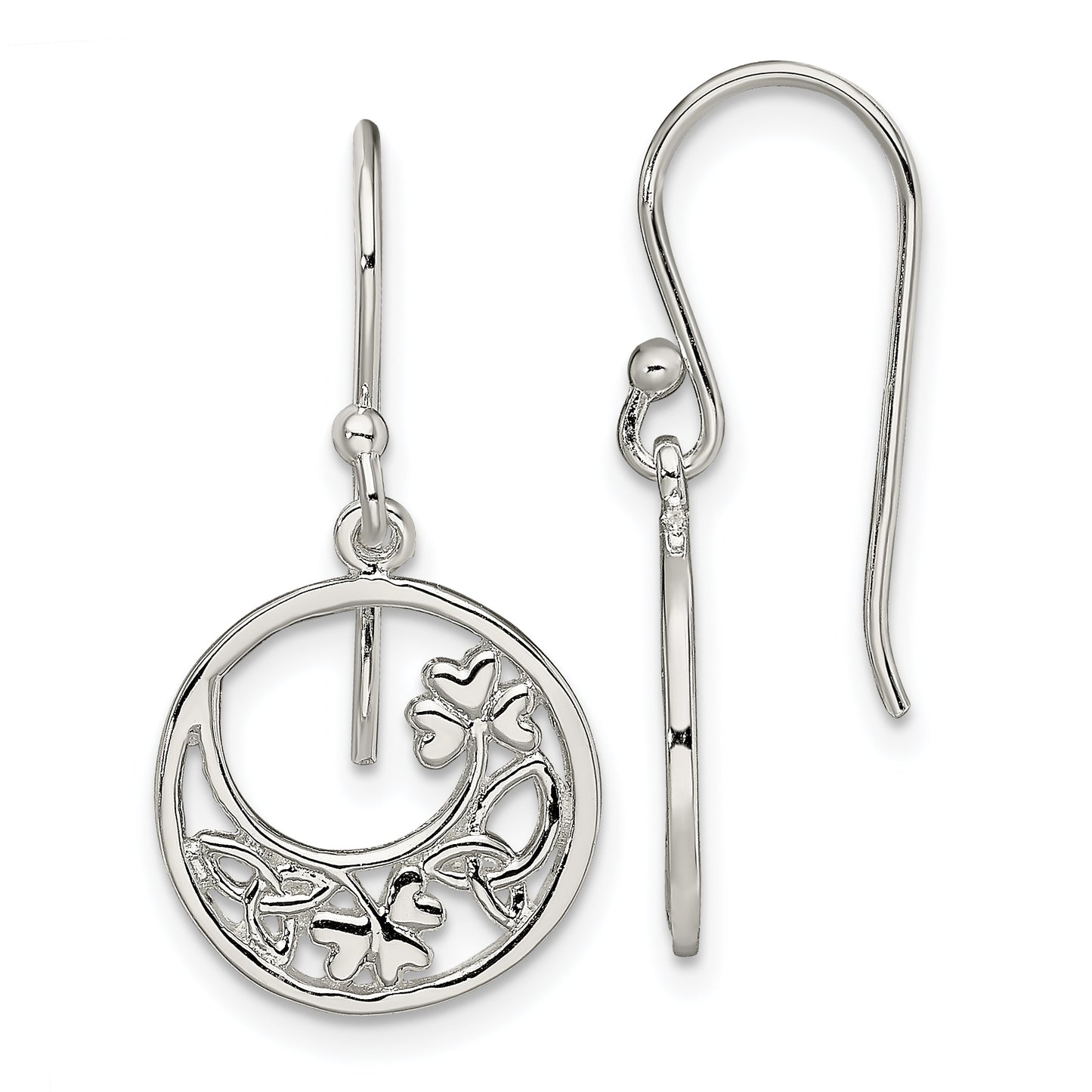 Sterling Silver Rhodium-Plated Circle Clover/Celtic Knot Dangle Earrings