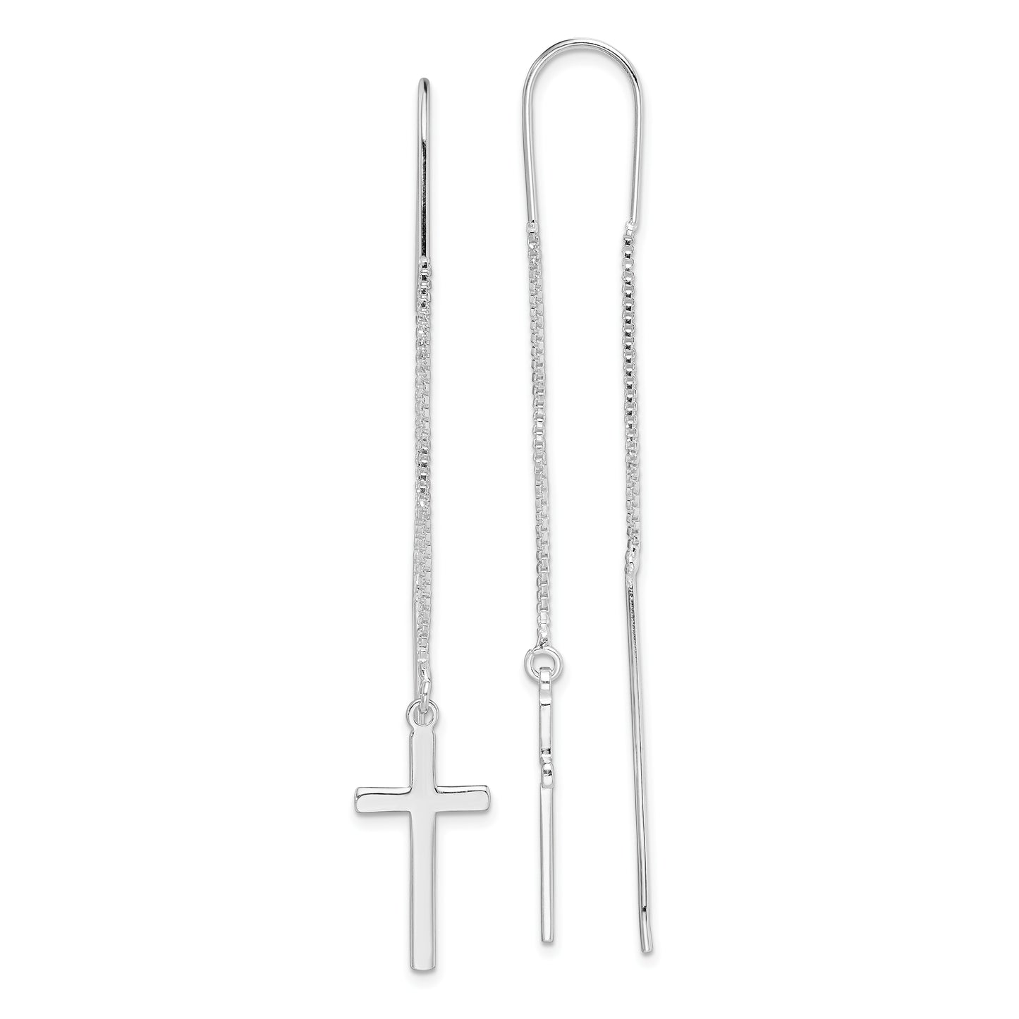 Sterling Silver Rhodium-Plated Polished Latin Cross Threader Earrings