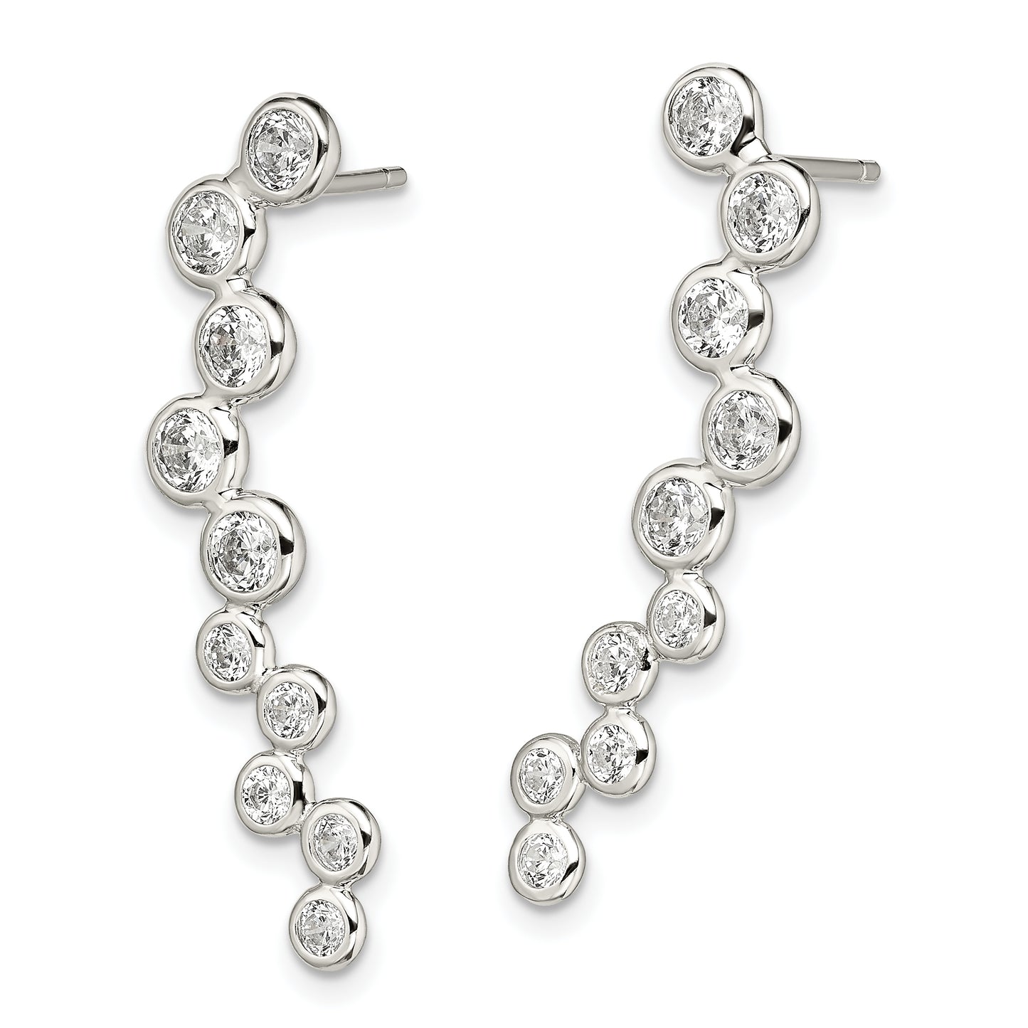 Sterling Silver Rhod-Plated Polished Bezel Cz Post Ear Climber Earrings