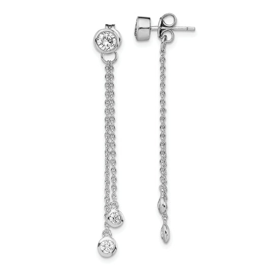 Sterling Silver Rh-Plated Cz & Chain Front Back Post Dangle Earrings