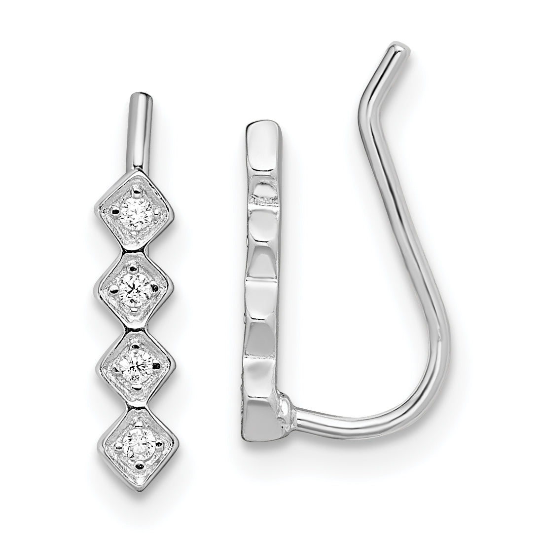 Sterling Silver Rhodium-Plated Polished Four Cz Ear Climber Earrings