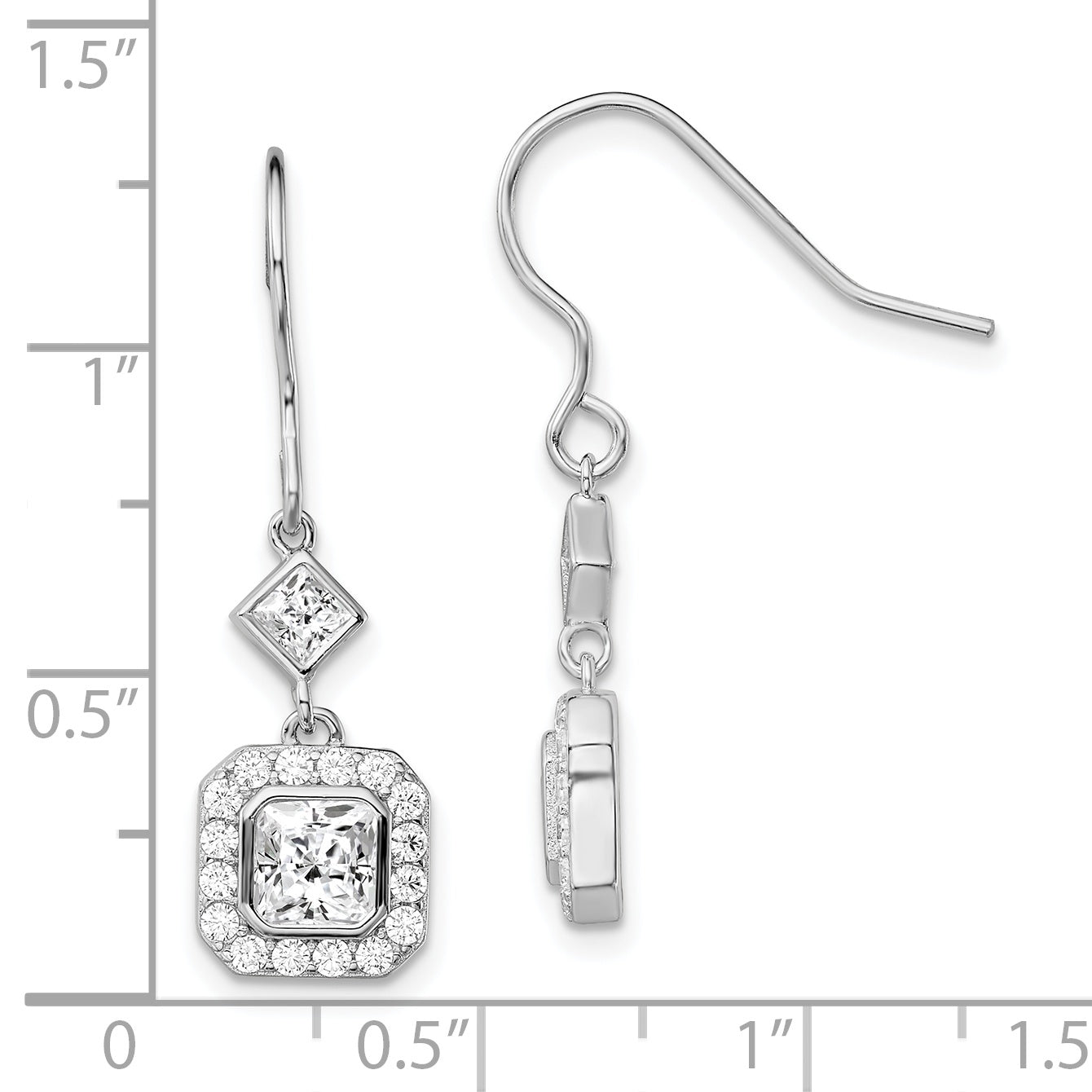 Sterling Silver Rhodium-Plated Polished Square Cz Halo Dangle Earrings