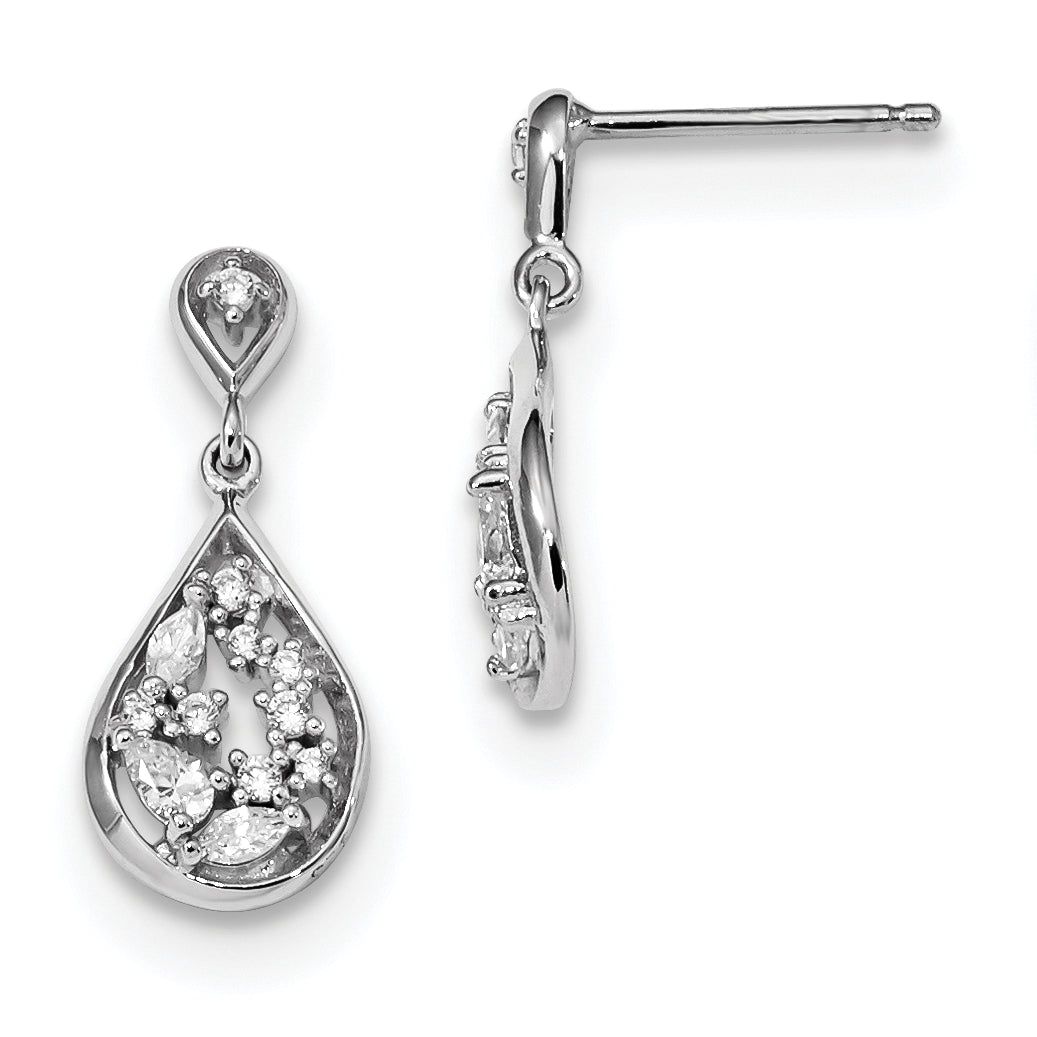 Sterling Silver Rhodium-Plated Cz Teardrop Post Dangle Earrings