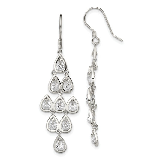 Sterling Silver Rh-Pltd Polished Fancy Pear Cz Chandelier Dangle Earrings