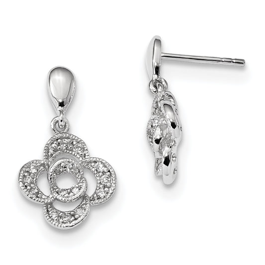 Sterling Silver Rhodium-Plated Cz Flower Dangle Post Earrings