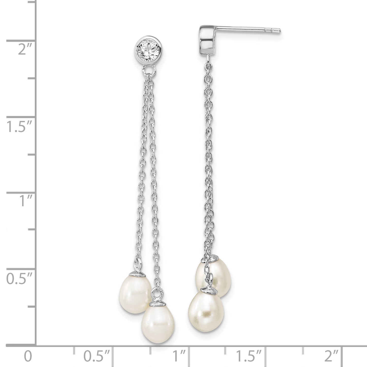 Sterling Silver Rhodium-Plated 6-7mm Rice Fwc Pearl Cz Post Dangle Earrings