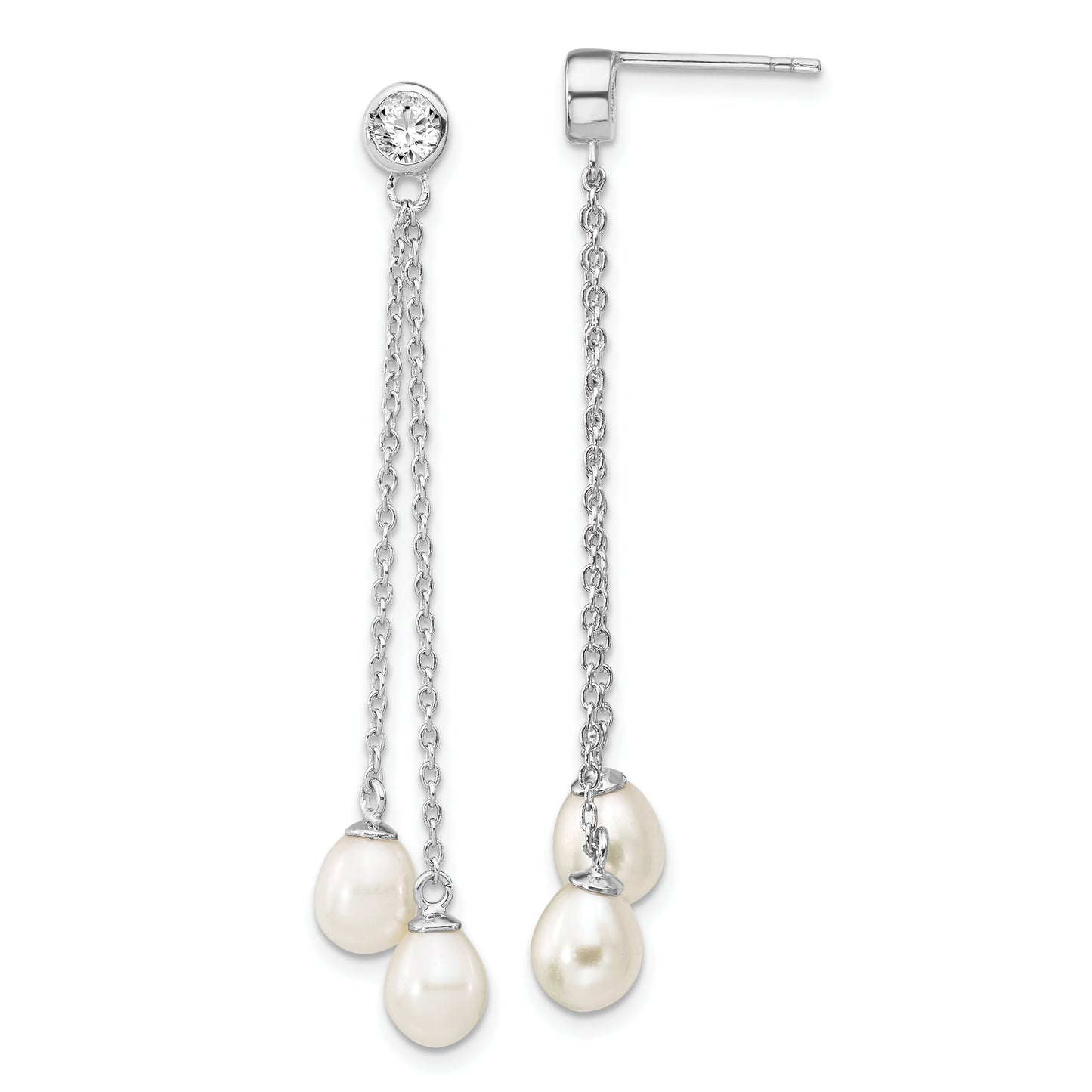 Sterling Silver Rhodium-Plated 6-7mm Rice Fwc Pearl Cz Post Dangle Earrings