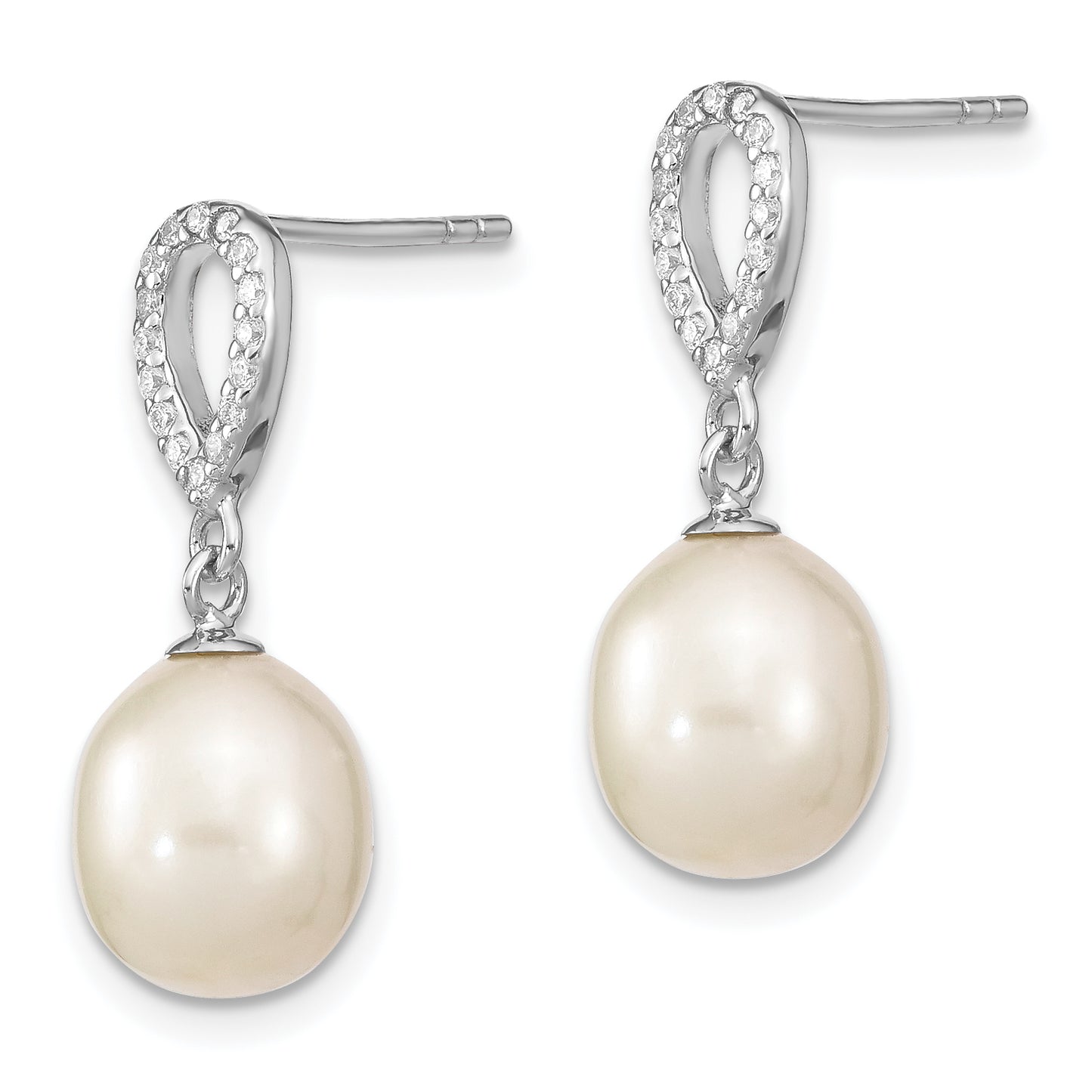 Sterling Silver Rhodium-Plated 8-9mm Rice Fwc Pearl Cz Post Dangle Earrings