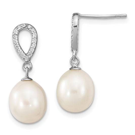 Sterling Silver Rhodium-Plated 8-9mm Rice Fwc Pearl Cz Post Dangle Earrings