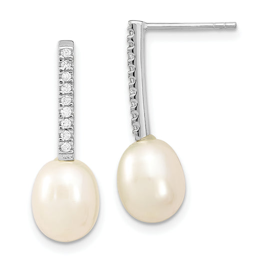 Sterling Silver Rhodium-Plated 8-9mm Rice Fwc Pearl Cz Post Dangle Earrings