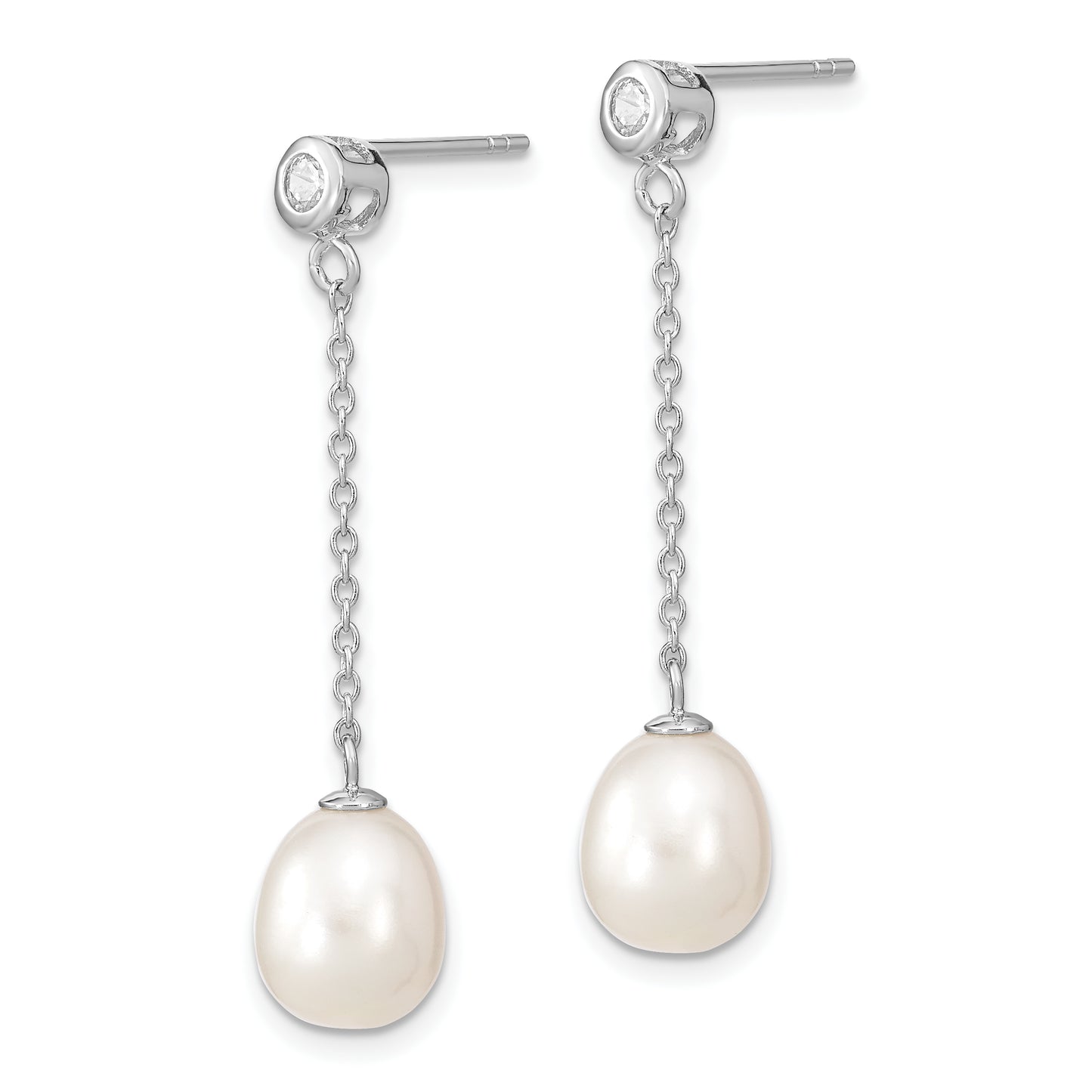 Sterling Silver Rhodium-Plated 8-9mm Rice Fwc Pearl Cz Post Dangle Earrings