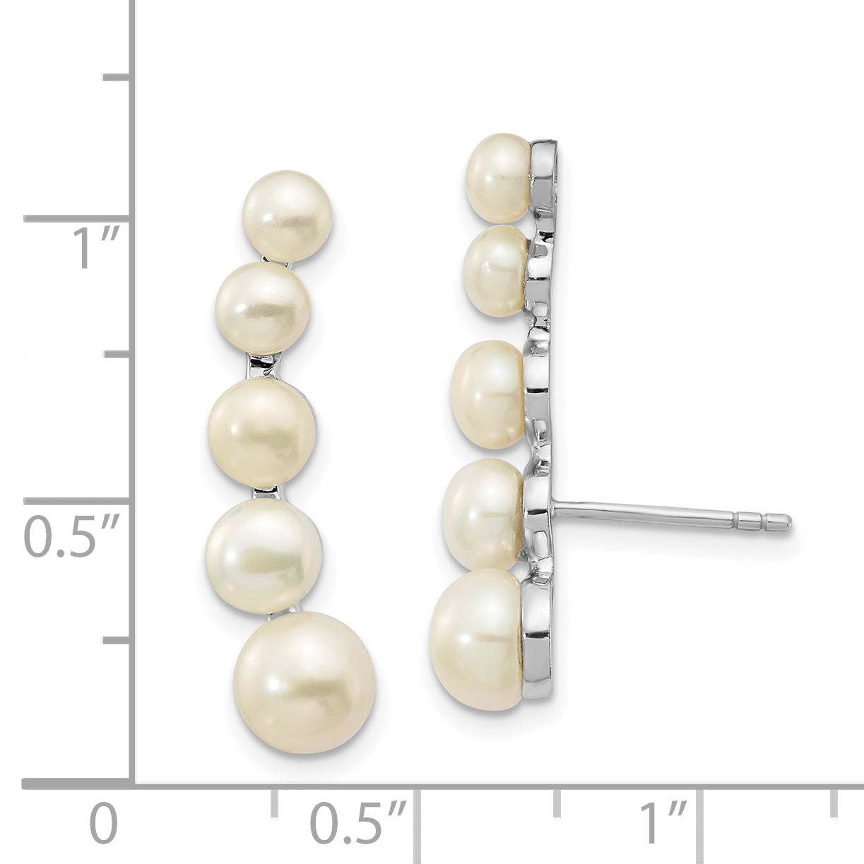 Sterling Silver Rhodium-Plated Polished White 4-6mm Button Freshwater Cultured Pearl Post Ear Climber Earrings