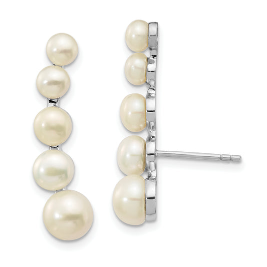 Sterling Silver Rhodium-Plated Polished White 4-6mm Button Freshwater Cultured Pearl Post Ear Climber Earrings