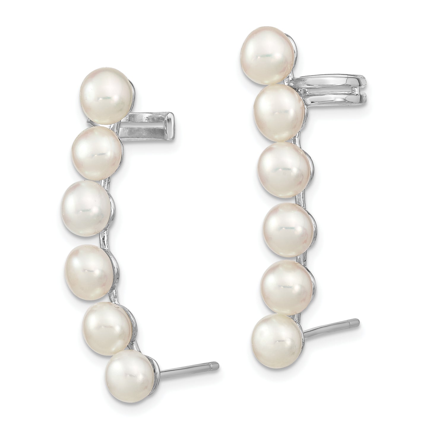 Sterling Silver Rhodium-Plated Polished White 5-6mm Freshwater Cultured Pearl Post Ear Climber/Cuff Earrings