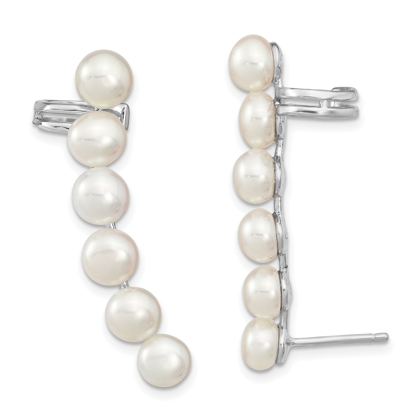 Sterling Silver Rhodium-Plated Polished White 5-6mm Freshwater Cultured Pearl Post Ear Climber/Cuff Earrings