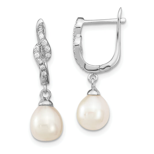 Sterling Silver Rhodium-Plated 7-8mm Teardrop Fwc Pearl Cz Dangle Earrings