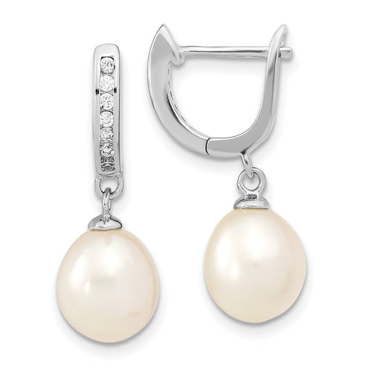 Sterling Silver Rhodium-Plated 8-9mm Rice Fwc Pearl Cz Dangle Hoop Earrings