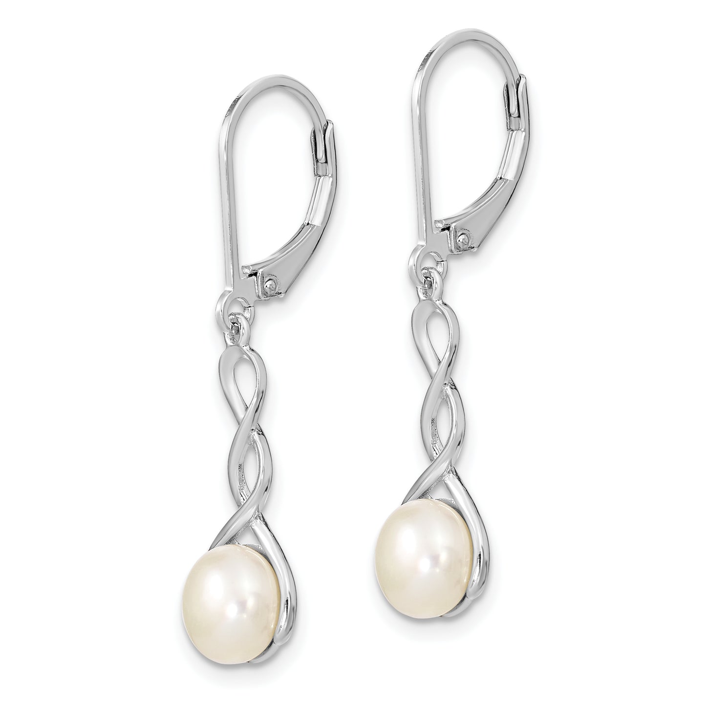 Sterling Silver Rhodium-Plated Polished White 7-8mm Button Freshwater Cultured Pearl Twisted Leverback Dangle Earrings