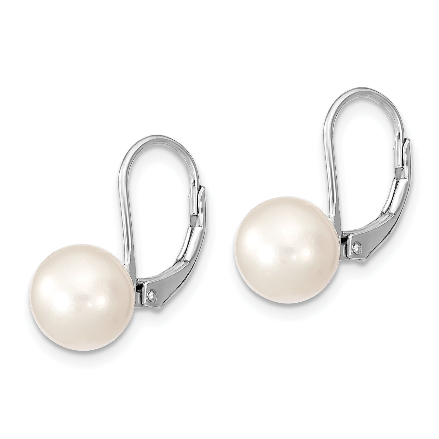 Sterling Silver Rhodium-Plated Polished White 8-9mm Round Freshwater Cultured Pearl Leverback Dangle Earrings