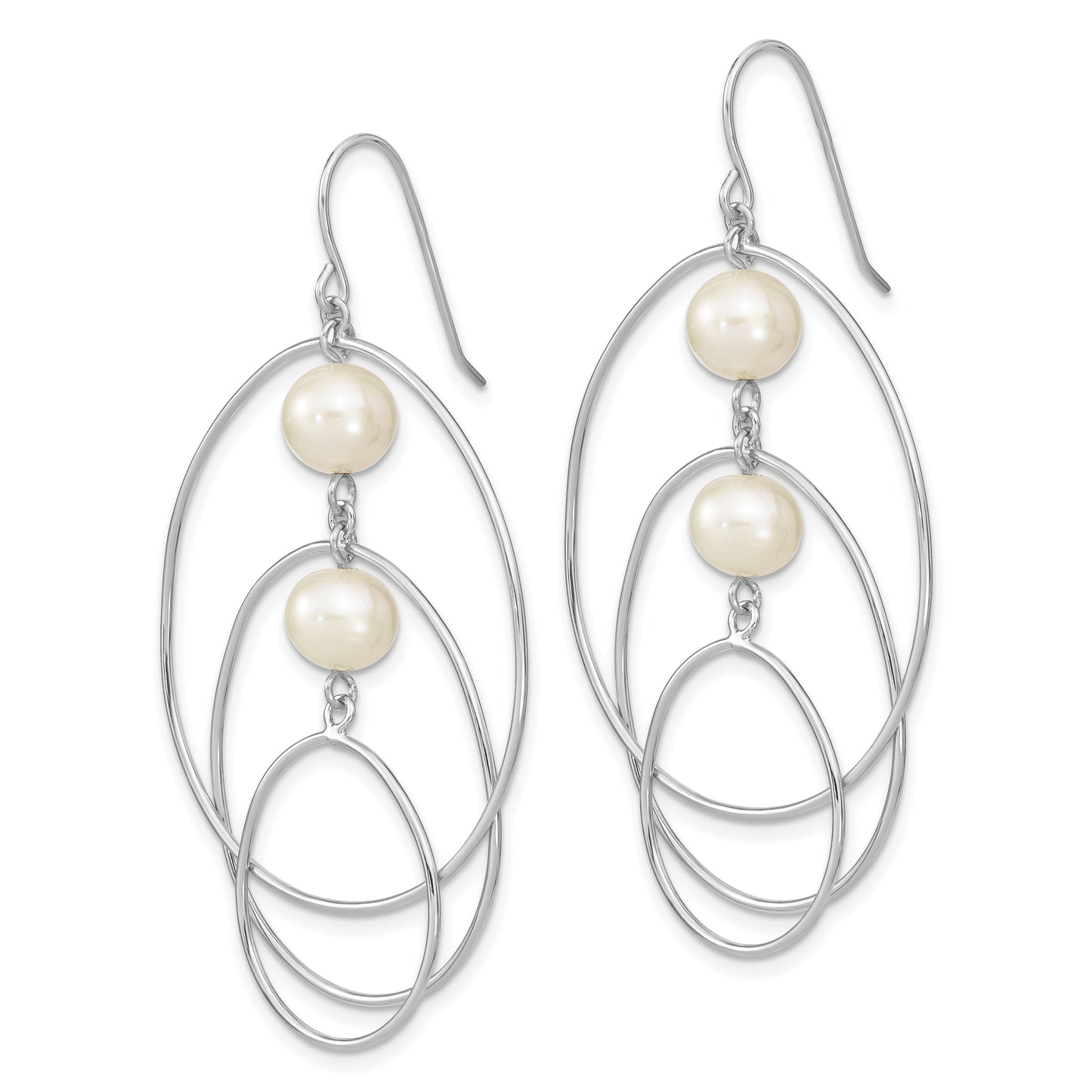 Sterling Silver Rhodium-Plated Polished White 8-9mm Freshwater Cultured Pearl Triple Circle Dangle Earrings