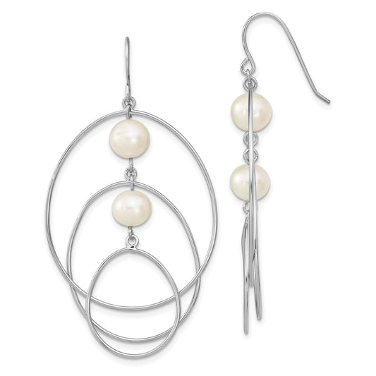 Sterling Silver Rhodium-Plated Polished White 8-9mm Freshwater Cultured Pearl Triple Circle Dangle Earrings