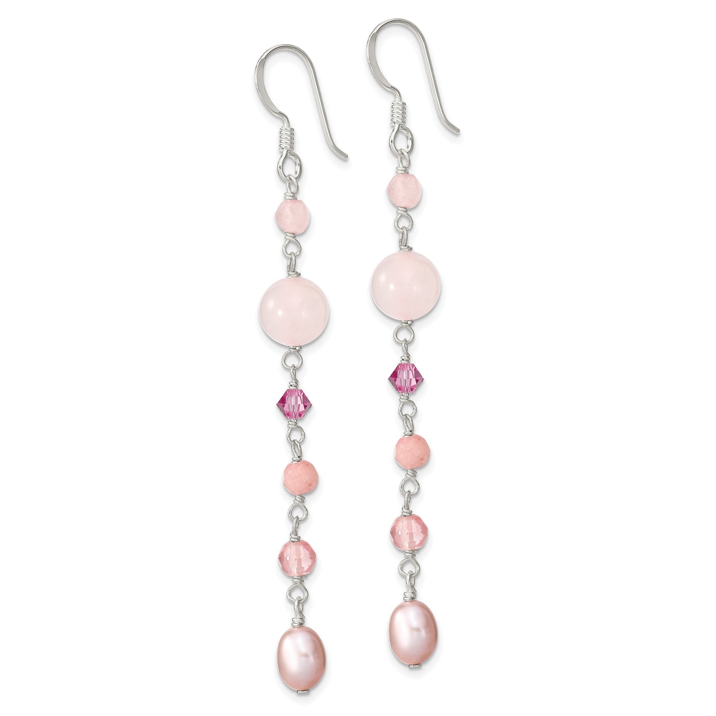 Sterling Silver Polished Pink Fwc Pearl, Jade, Rosaline, Cherry & Rose Quartz Dangle Earrings