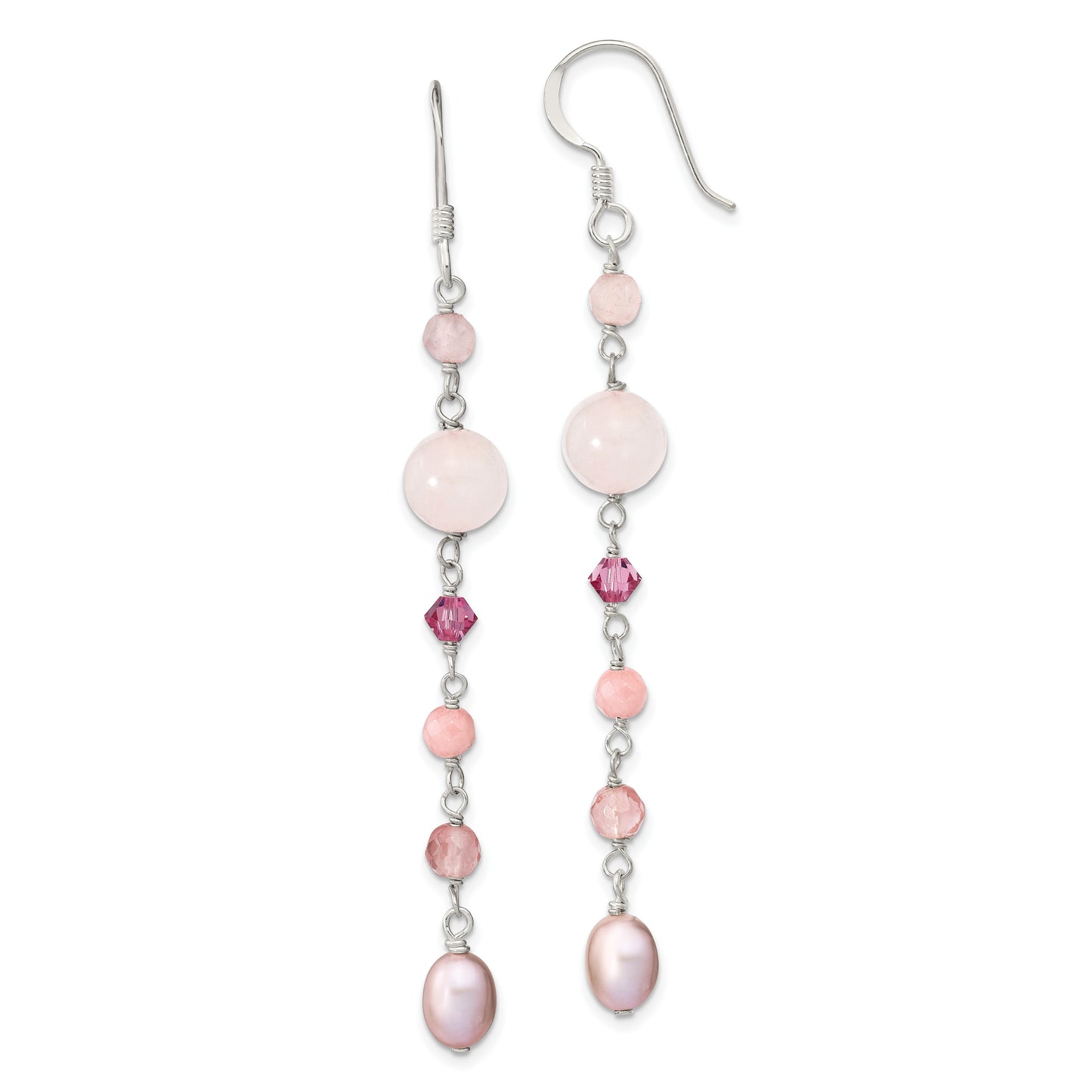 Sterling Silver Polished Pink Fwc Pearl, Jade, Rosaline, Cherry & Rose Quartz Dangle Earrings